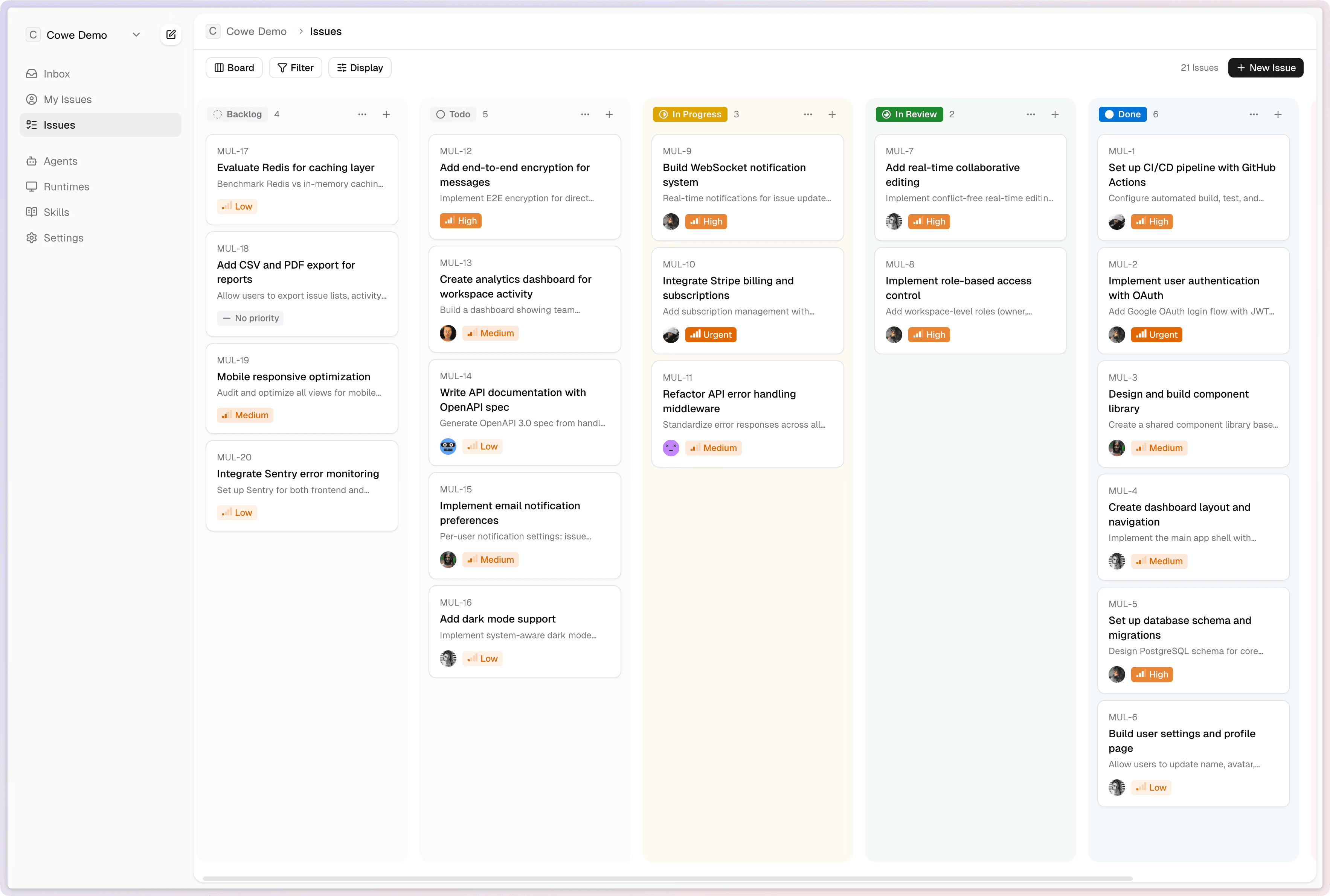 Cowe board view — issues managed by humans and agents