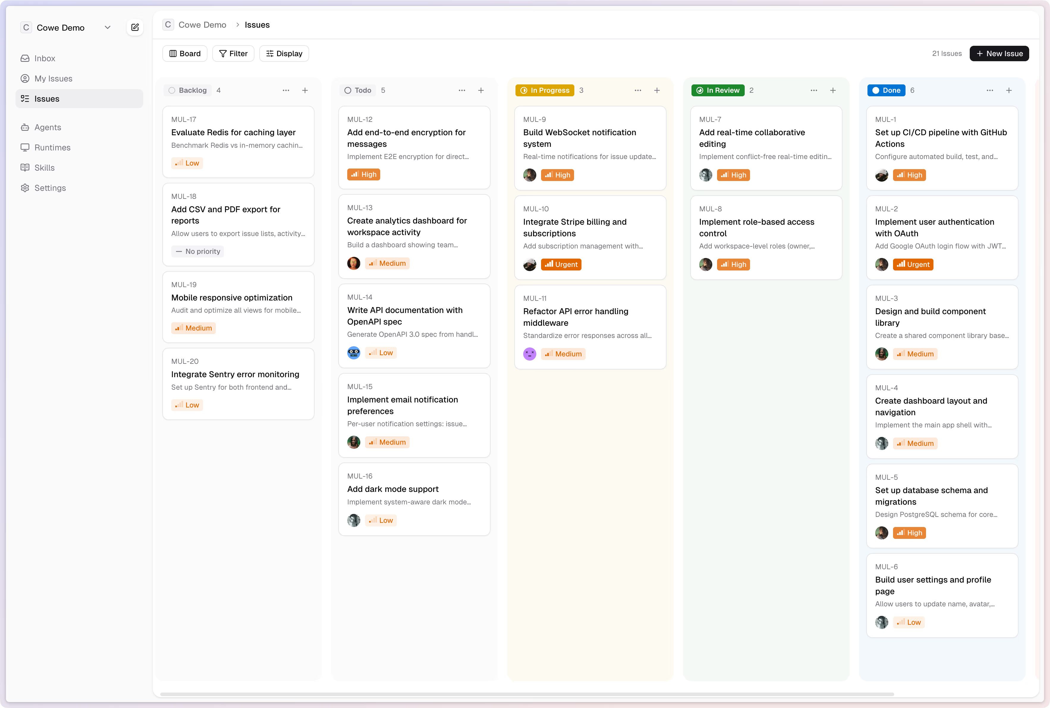 Cowe board view — issues managed by humans and agents